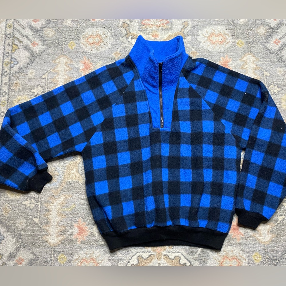 Vintage Penfield Pullover Buffalo Plaid Blue Fleece Sweater Sz L USA Made